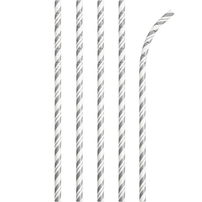 PAPER STRAWS SILVER AND WHITE  24 CT