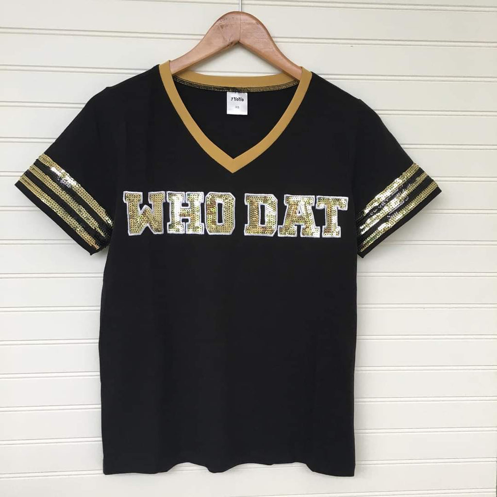 Black and Gold Sequin Who Dat Shirt