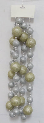 6' Champagne and Silver Gllitter Ball Garland w/ Silver Beads