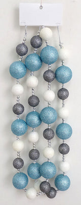 Ice Blue, White Gray Glitter Ball Garland w/ Silver Beads