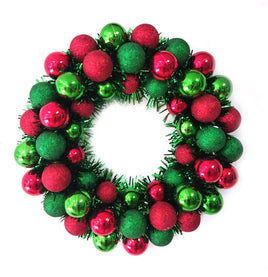 16" Red & Green Shatterproof Glitter Ball Wreath w/ Green Tinsel