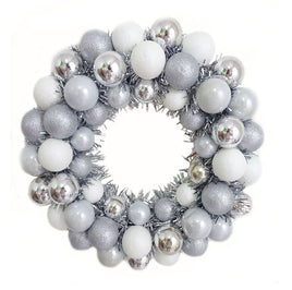 16" Silver & White Shatterproof Glitter Ball Wreath w/ Silver Tinsel