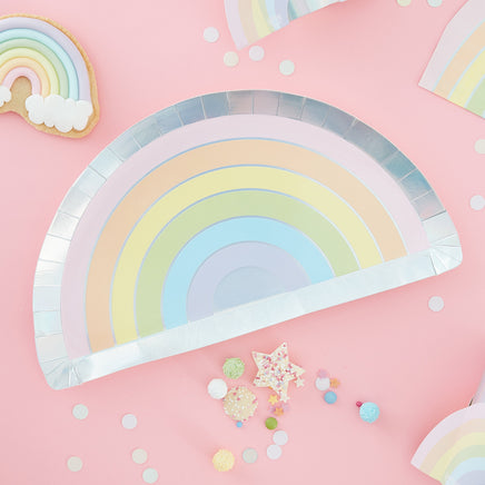 Ginger Ray Pastel Party Rainbow Shaped Iridescent Foiled Paper Plates 8 ct.