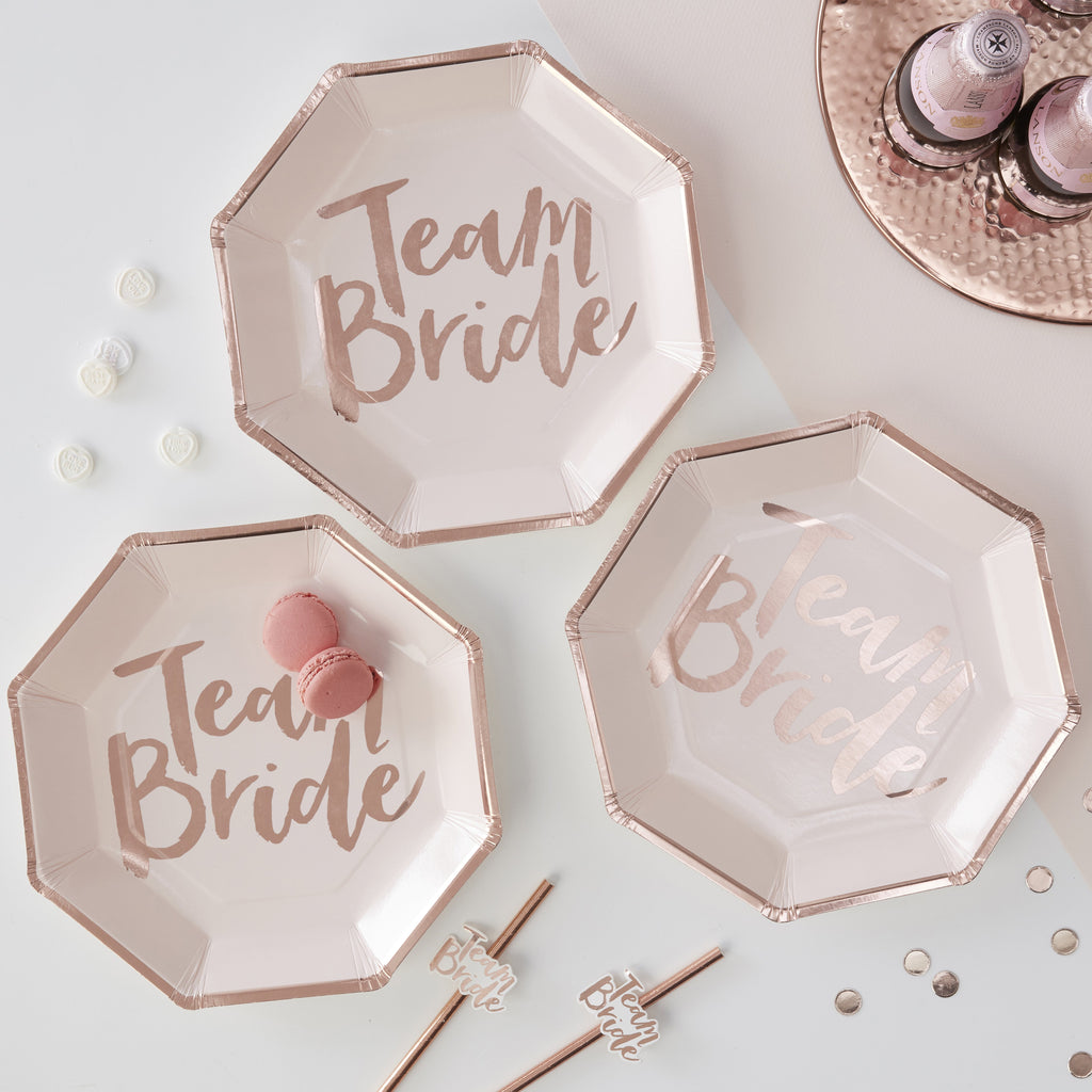 Ginger Ray Team Bride Pink & Rose Gold Foiled Paper Plates 8 ct. 