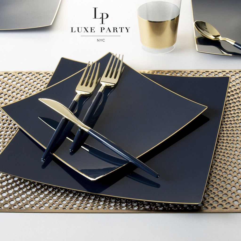 Square Coupe Navy Gold Plastic Dinner Plates | 10 Pack