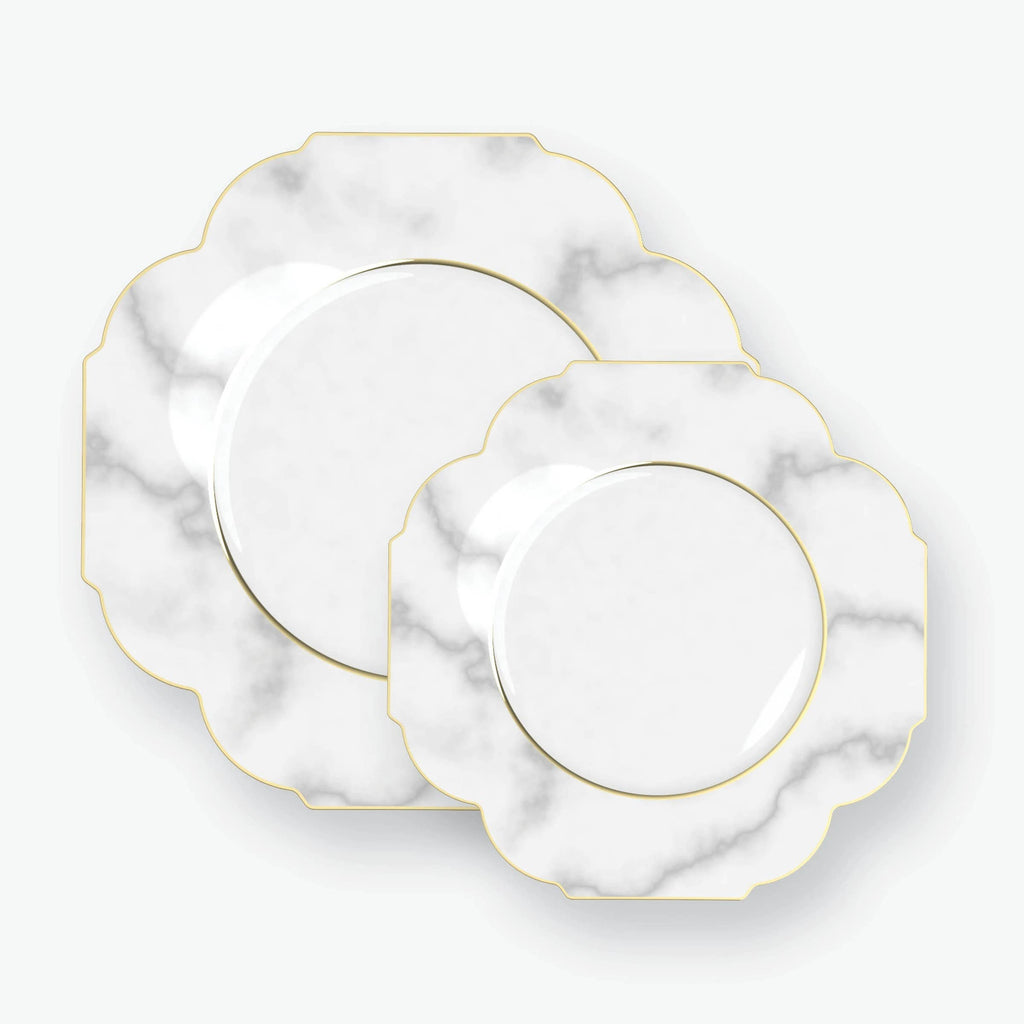 Scalloped Marble, Gold Plastic Dessert Plates | 10 Pack