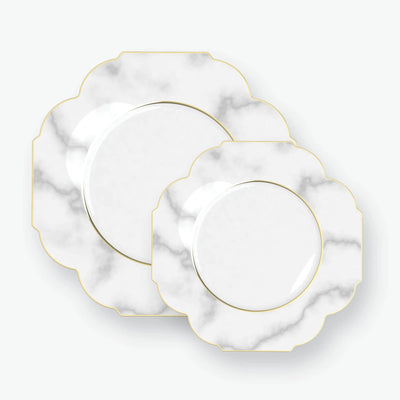 Scalloped Marble, Gold Plastic Dessert Plates | 10 Pack